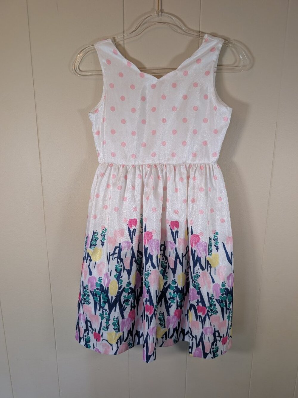 GYMBOREE Girls 12 Floral Polka Dot Dress Pink White Spring Easter Garden Party